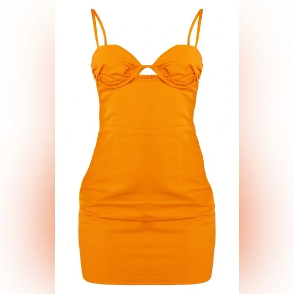 NWT PrettyLittleThing Orange Bodycon Mini Dress 6 Ruched Cup Cutout - Picture 8 of 8